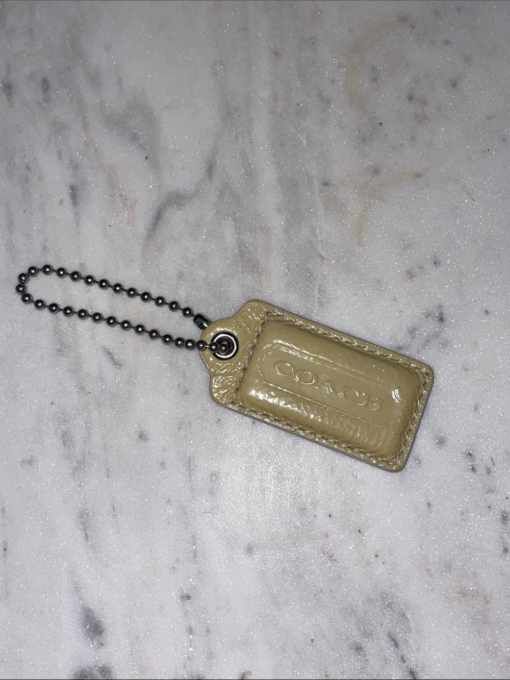 Coach Beige Leather Tag Key Chain with Metal Ball Chain